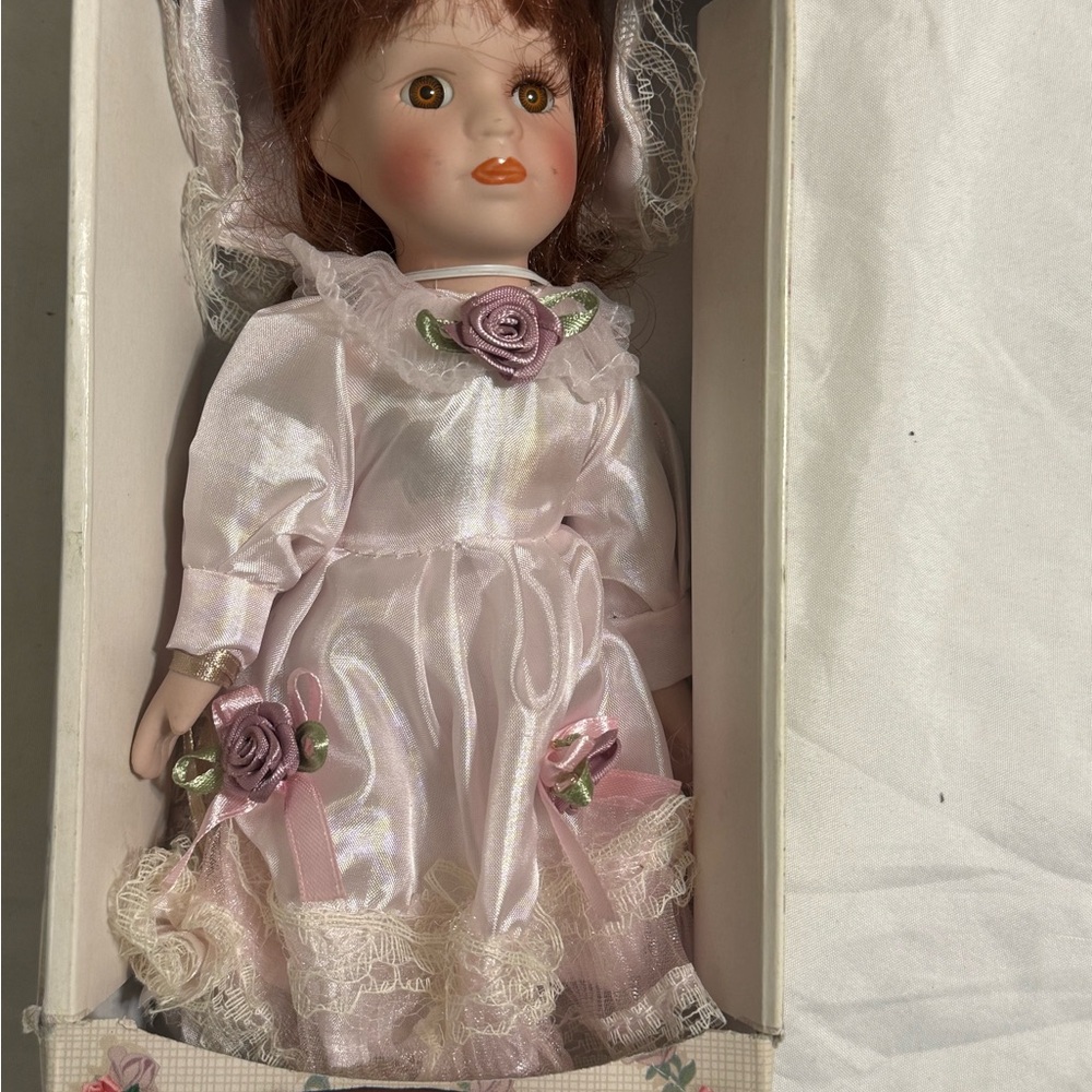 Porcelain Doll in Shimmery Light Pink Dress with Rose Accents